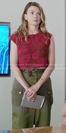 Liza’s red patchwork crop top and green skirt on Younger