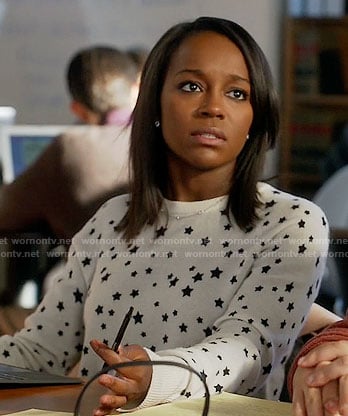 Michaela’s black and white star print sweater on How to Get Away with Murder