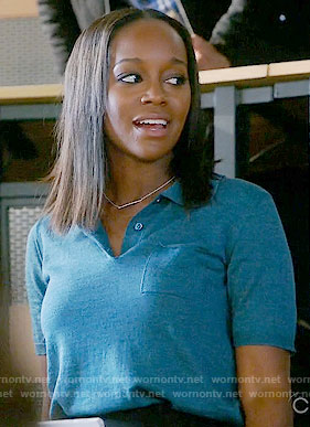 Michaela’s blue polo top on How to Get Away with Murder