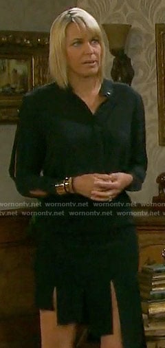 Nicole’s black blouse and asymmetrical skirt on Days of our Lives