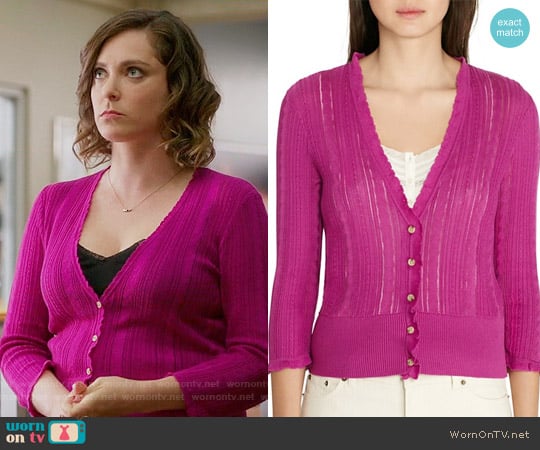 Lauren Ralph Lauren Pointelle Knit Cardigan in Wild Berry worn by Rebecca Bunch (Rachel Bloom) on Crazy Ex-Girlfriend