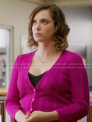 Rebecca’s pink pointelle cardigan on Crazy Ex-Girlfriend