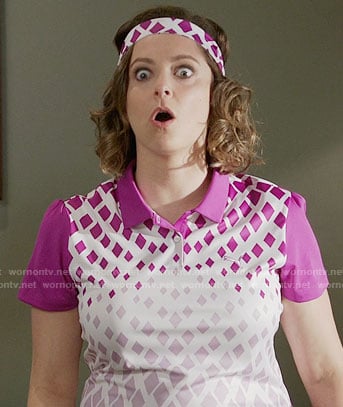 Rebecca’s purple diamond print polo shirt on Crazy Ex-Girlfriend