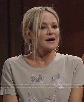 Sharon’s beige embroidered top on The Young and the Restless