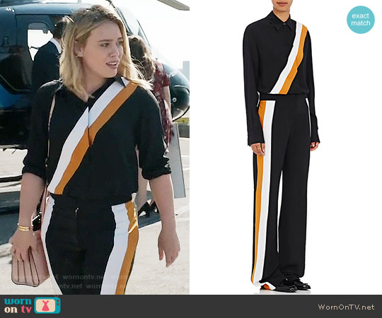 Stella McCartney Diagonal Striped Silk Blouse and Pants worn by Kelsey Peters (Hilary Duff) on Younger