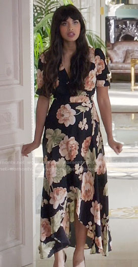 Tahani's floral wrap maxi dress on The Good Place