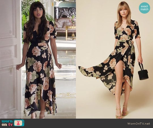 The Reformation Addilyn Dress in Chateaux worn by Tahani Al-Jamil (Jameela Jamil) on The Good Place