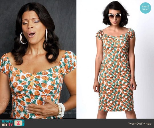 Unique Vintage Pineapple Tiki Dolores Wiggle Dress worn by Xiomara Villanueva (Andrea Navedo) on Jane the Virgin