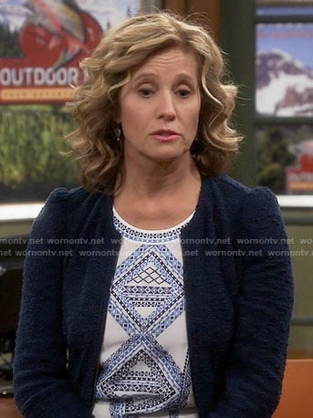 Vanessa's blue embroidered top and textured jacket on Last Man Standing