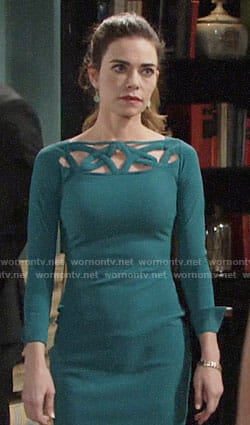 Victoria’s green long sleeved dress with cutouts on The Young and the Restless