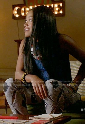 Zayday's blue lace top and patterned pants on Scream Queens
