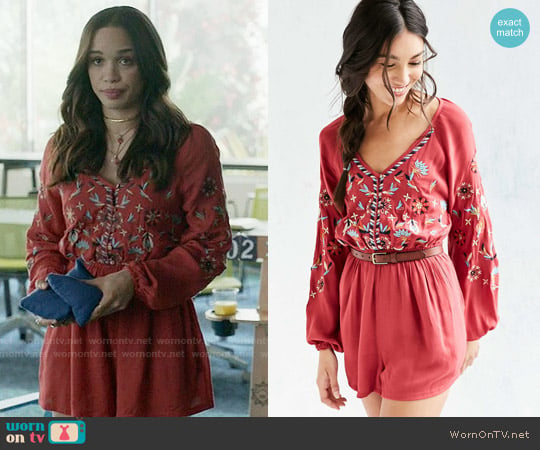 Ecote Embroidered Balloon-Sleeve Romper worn by Erica Dundee (Cleopatra Coleman) on Last Man On Earth