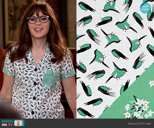 Michael Miller Bed Of Roses Lily-Of-The-Valley and Little Birds Fabric Pajamas worn by Jessica Day (Zooey Deschanel) on New Girl