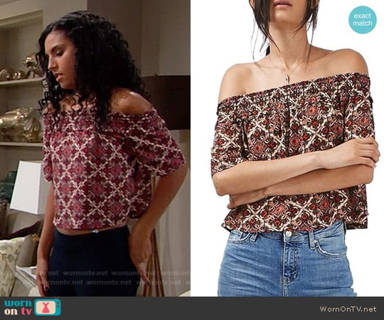 Topshop Scarf Print Off the Shoulder Top worn by Sasha Avant (Felisha Cooper) on The Bold and the Beautiful