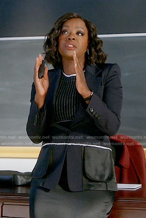 Annalise's pinstriped dress and satin panel jacket on How to Get Away with Murder