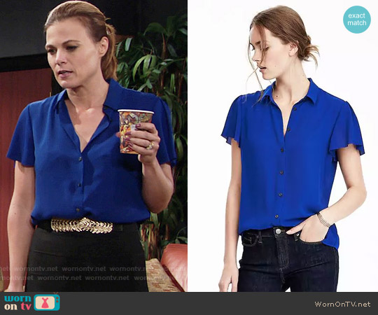 Banana Republic Flutter Sleeve Top in Marina Blue worn by Phyllis Newman (Gina Tognoni) on The Young & the Restless