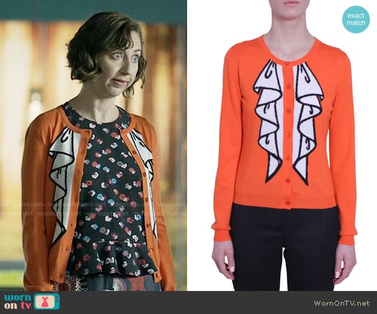 Boutique Moschino Ruffle Print Crew Neck Cardigan worn by Carol Pilbasian (Kristen Schaal) on Last Man On Earth