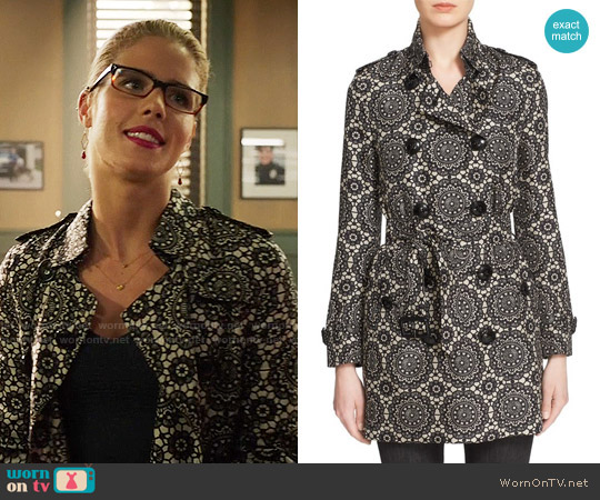 Burberry London 'Kensington' Lace Print Silk Trench Coat worn by Felicity Smoak (Emily Bett Rickards) on Arrow