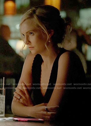 Caroline's black v-neck dress with zig zag trim on The Vampire Diaries