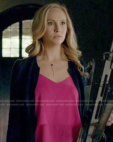 Caroline's pink tiered top and navy textured jacket on The Vampire Diaries