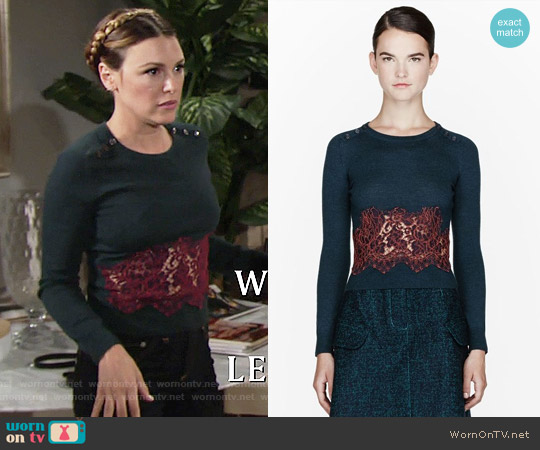 Carven Teal Lace Insert Sweater worn by Chloe Mitchell (Elizabeth Hendrickson) on The Young and the Restless