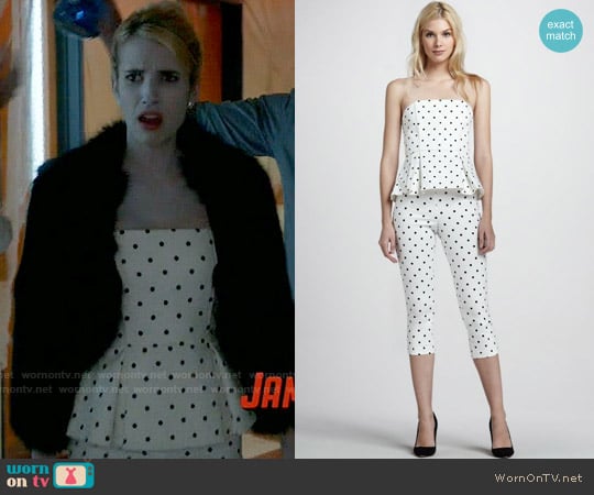 Alice & Olivia Sinclair Polka Dot Peplum Top and Capri Pants worn by Chanel Oberlin (Emma Roberts) on Scream Queens