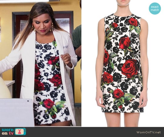 Dolce & Gabbana Rose-Print Narrow Shift Dress worn by Mindy Lahiri (Mindy Kaling) on The Mindy Project