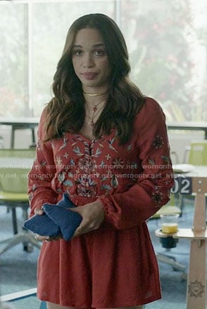 Erica’s red embroidered romper on Last Man on Earth