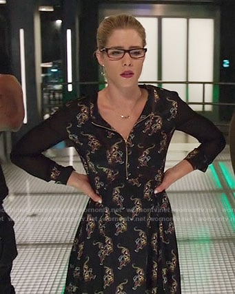 Felicity's black printed zip front dress on Arrow