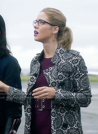 Felicity's purple belted dress and lace print trench coat on The Flash