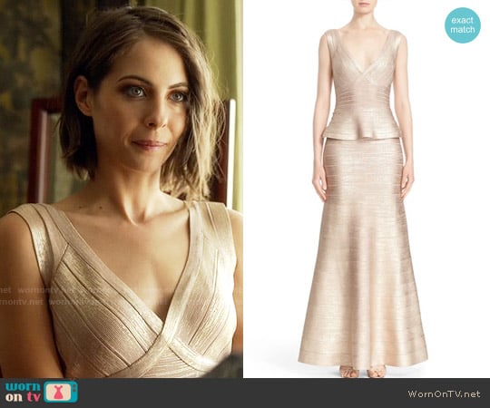 Herve Leger 'Izabella' Woodgrain Metallic Foil Peplum Gown worn by Thea Queen (Willa Holland) on Arrow