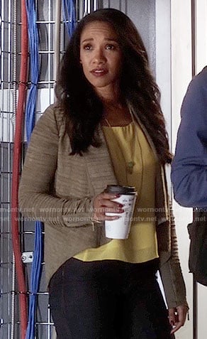 Iris’s yellow top and pleated leather jacket on The Flash