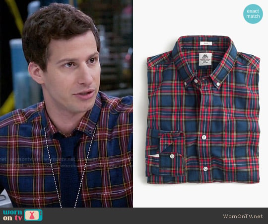 Thomas Mason for J. Crew Flannel Shirt in Dark Royal Plaid worn by Jake Peralta (Andy Samberg) on Brooklyn Nine-Nine