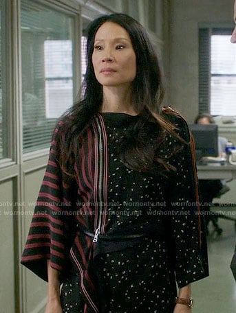 WornOnTV: Joan’s black dotted print dress with striped sleeve on ...