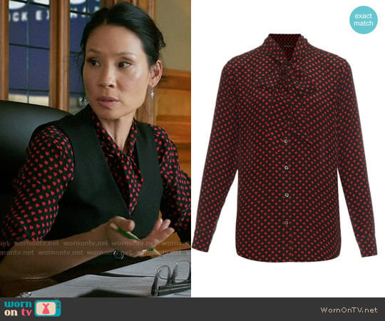 Kate Moss for Equipment Tie-Neck Silk Blouse in Chery Red worn by Joan Watson (Lucy Liu) on Elementary