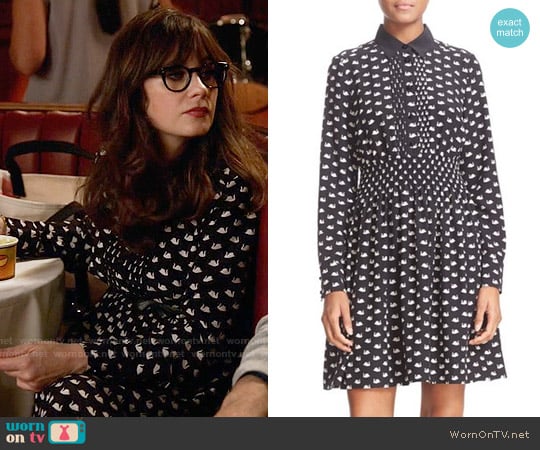 Kate Spade Swan Print Silk Blend Shirtdress worn by Jessica Day (Zooey Deschanel) on New Girl