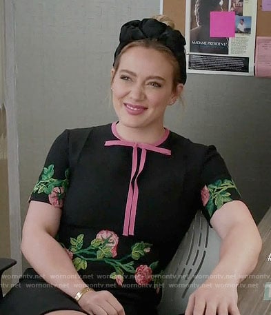 Kelsey's black floral embroidered dress with pink bow on Younger