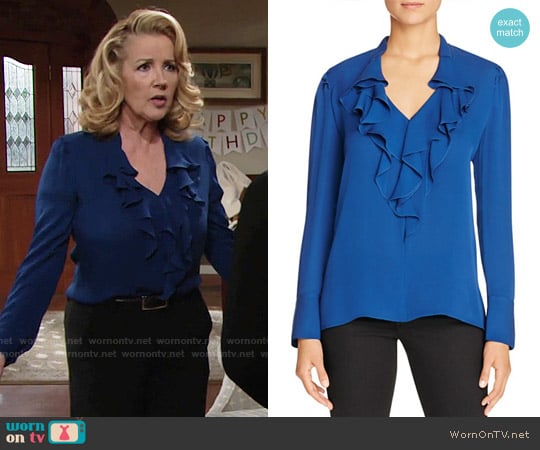 Kobi Halperin Marina Ruffle Silk Blouse worn by Nikki Reed Newman (Melody Thomas-Scott) on The Young and the Restless