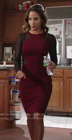 Lily’s burgundy dress with black sleeves and insets on The Young and the Restless