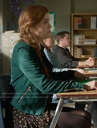 Lydia's floral skirt and green moto jacket on Teen Wolf
