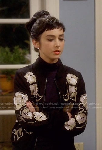 Mandy's black floral embroidered bomber jacket on Last Man Standing