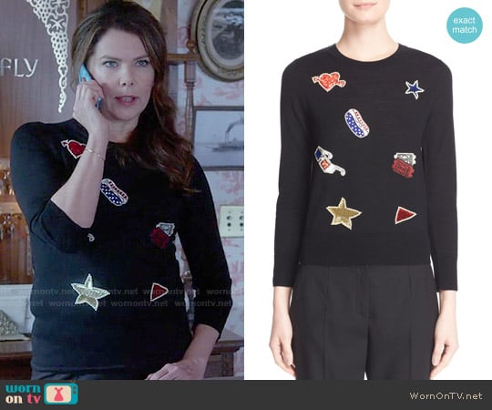 Marc Jacobs Embroidered Patch Wool Sweater worn by Lorelai Gilmore (Lauren Graham) on Gilmore Girls