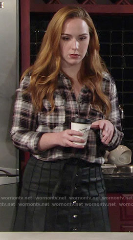 Mariah’s plaid shirt and leather buttoned front skirt on The Young and the Restless
