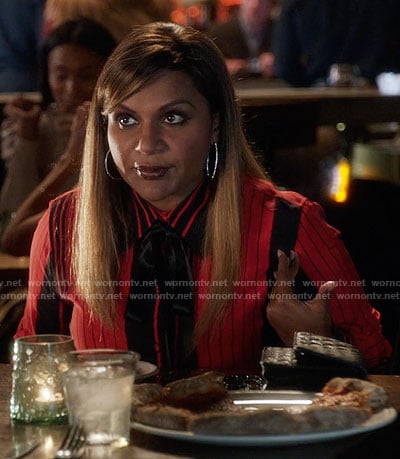 Mindy’s red and black striped shirt with bow neck on The Mindy Project