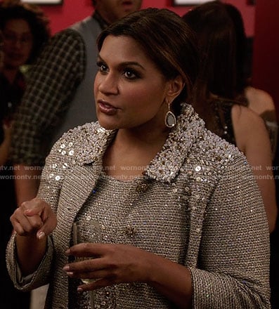 Mindy’s taupe embellished dress and coat on The Mindy Project