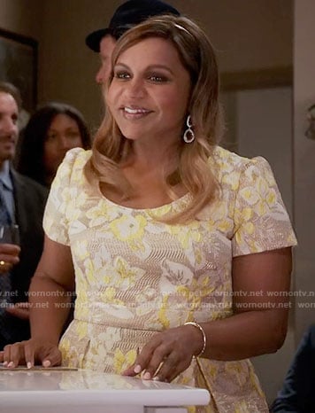 Mindy’s yellow floral jacquard dress on The Mindy Project