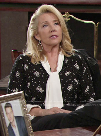 Nikki’s black floral blouse with white tie neck on The Young and the Restless