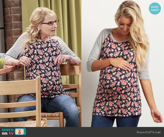 Pink Blush Navy Blue Floral 3/4 Sleeve Maternity Top worn by Bernadette Rostenkowski (Melissa Rauch) on The Big Bang Theory