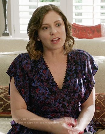 Rebecca’s purple floral v-neck top on Crazy Ex Girlfriend