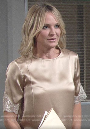 Sharon’s champagne top with white lace trim on The Young and the Restless